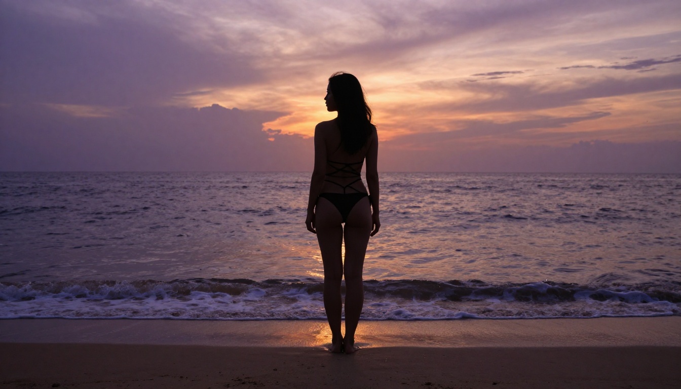 Woman in black bikini silhouetted on beach at dusk Woman in black bikini silhouetted on beach at dusk