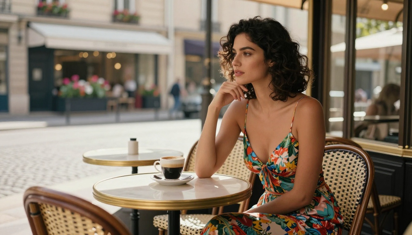 Sophisticated woman at a Parisian cafe terrace in a floral summer dress Sophisticated woman at a Parisian cafe terrace in a floral summer dress