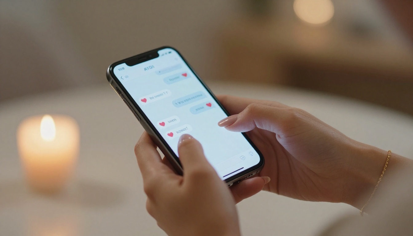 Woman's hands holding smartphone with AI chat hearts visible on screen, candlelight glow Woman's hands holding smartphone with AI chat hearts visible on screen, candlelight glow
