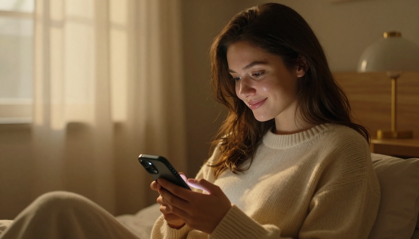Woman in a cozy bedroom chatting on her phone with an AI companion Woman in a cozy bedroom chatting on her phone with an AI companion