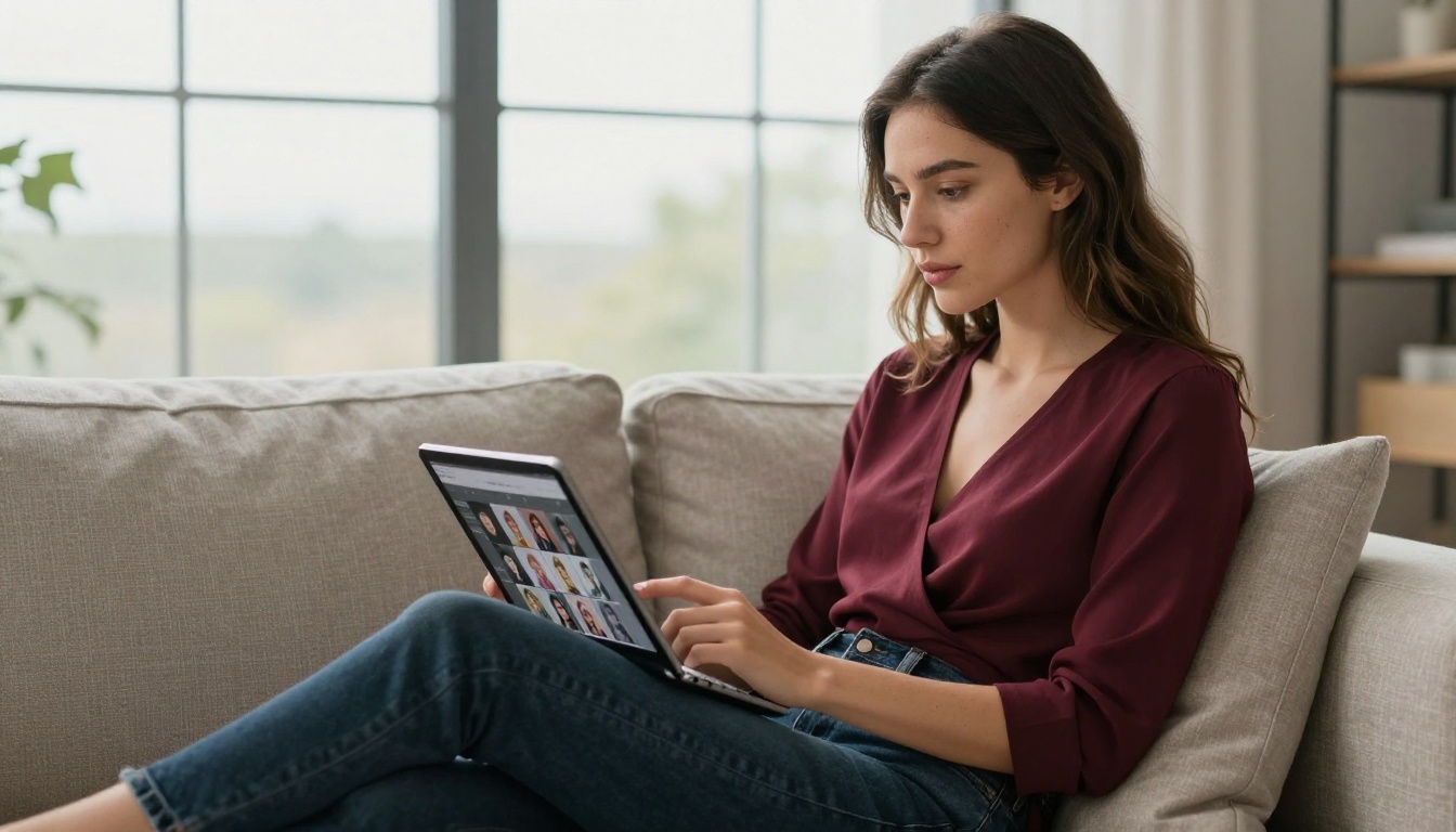 Woman browsing AI character profiles on a tablet at home Woman browsing AI character profiles on a tablet at home