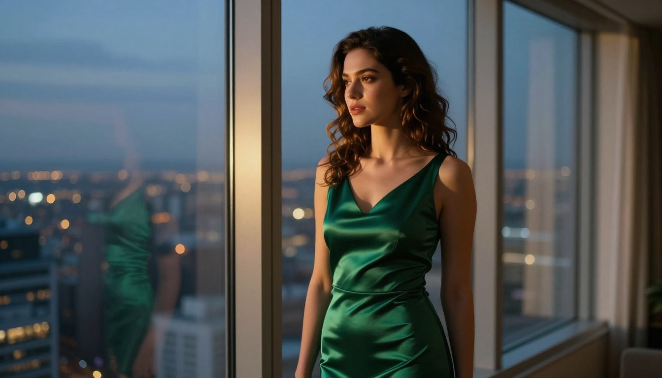 Elegant woman in a green satin dress at a high-rise apartment window at dusk Elegant woman in a green satin dress at a high-rise apartment window at dusk