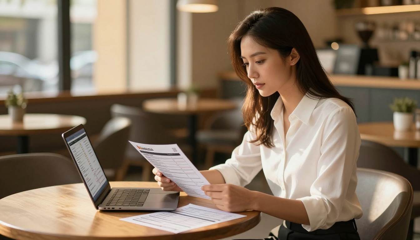 Woman at a cafe comparing subscription pricing for AI platforms Woman at a cafe comparing subscription pricing for AI platforms