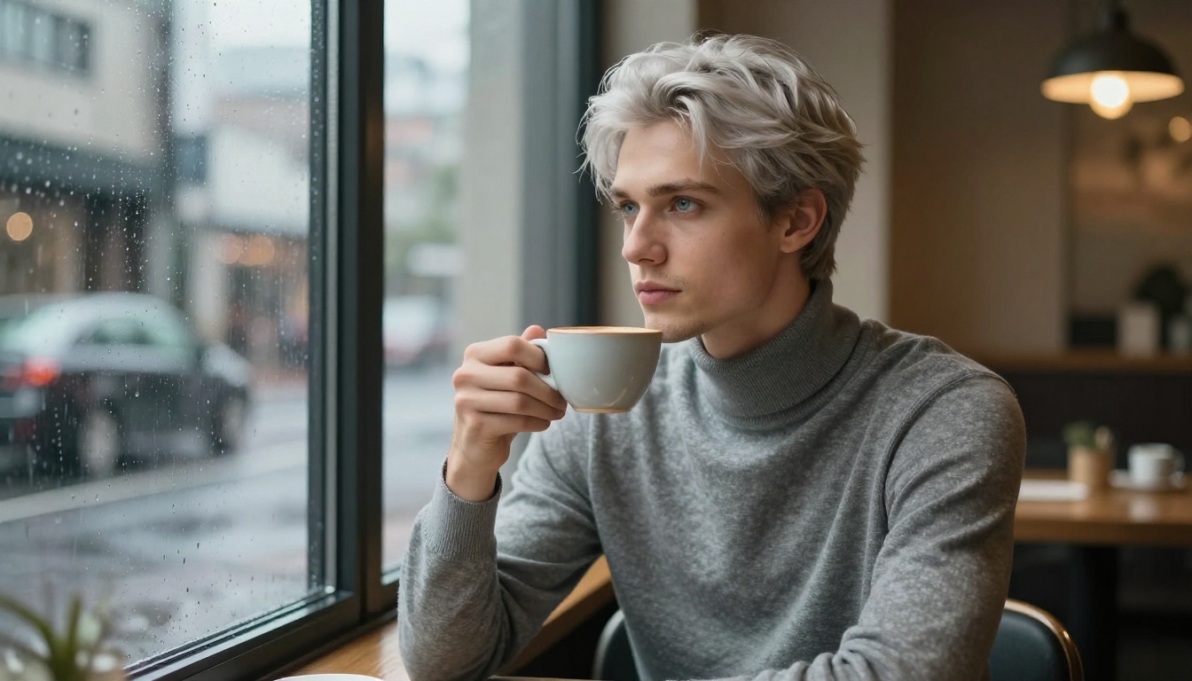 Handsome young man with silver hair at a rain-streaked Tokyo cafe window, thoughtful expression, overcast morning light Handsome young man with silver hair at a rain-streaked Tokyo cafe window, thoughtful expression, overcast morning light