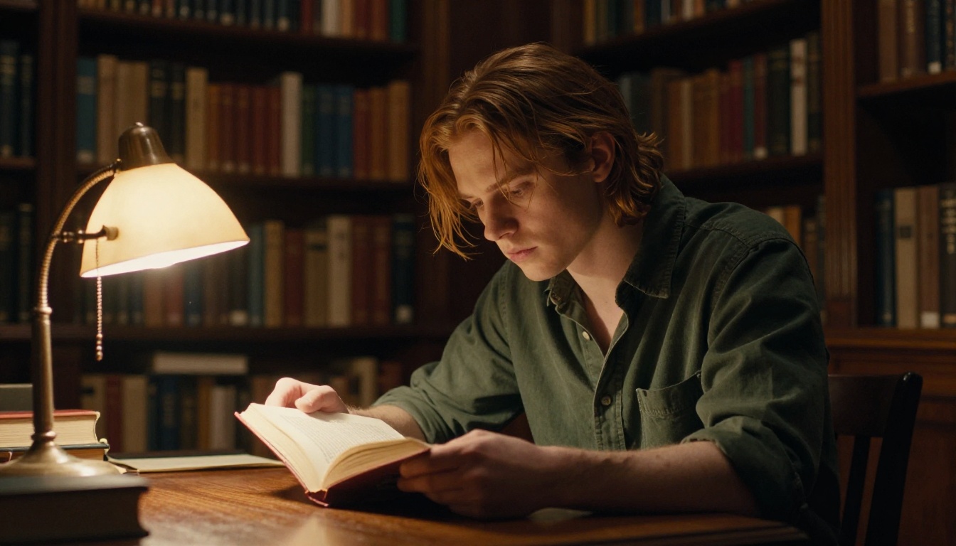 Young man with auburn hair reading in a warmly lit mahogany library, amber lamp casting directional light across his face Young man with auburn hair reading in a warmly lit mahogany library, amber lamp casting directional light across his face