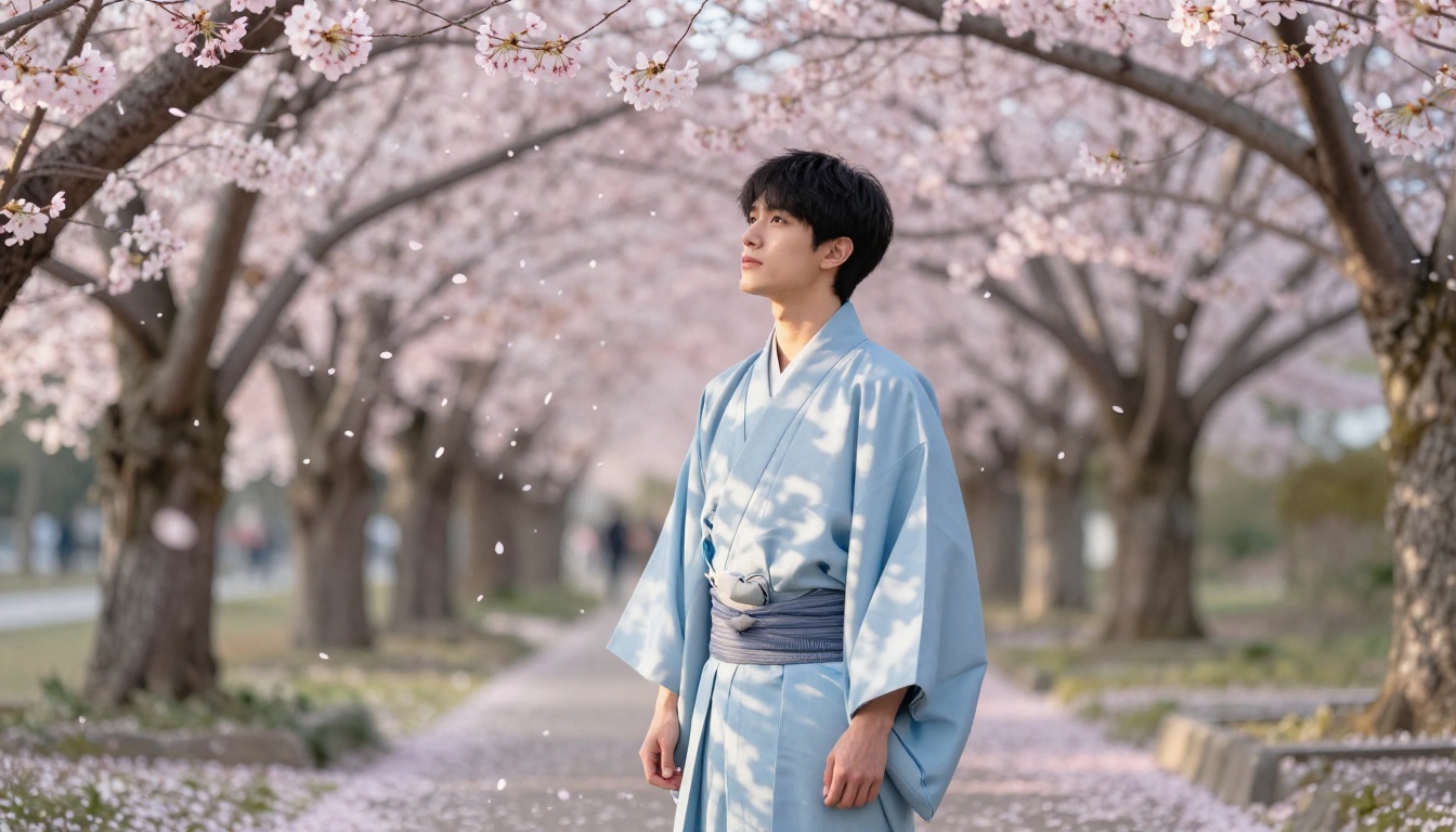 Young man in pale blue kimono standing beneath cherry blossom tree, spring petals drifting past, soft afternoon light Young man in pale blue kimono standing beneath cherry blossom tree, spring petals drifting past, soft afternoon light