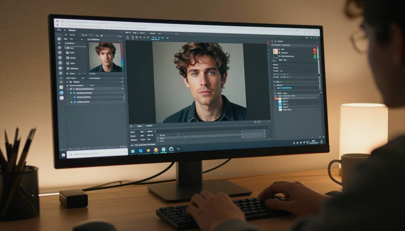 Modern desk setup with curved monitor displaying AI character portrait generation interface, warm task lamp light Modern desk setup with curved monitor displaying AI character portrait generation interface, warm task lamp light