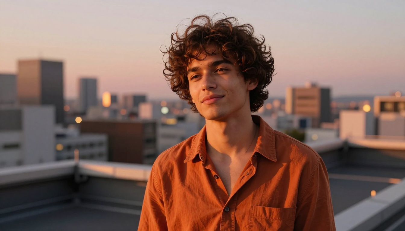 Young man with tan skin and curly hair on a city rooftop at golden hour, rust-orange shirt, Japanese skyline behind him Young man with tan skin and curly hair on a city rooftop at golden hour, rust-orange shirt, Japanese skyline behind him