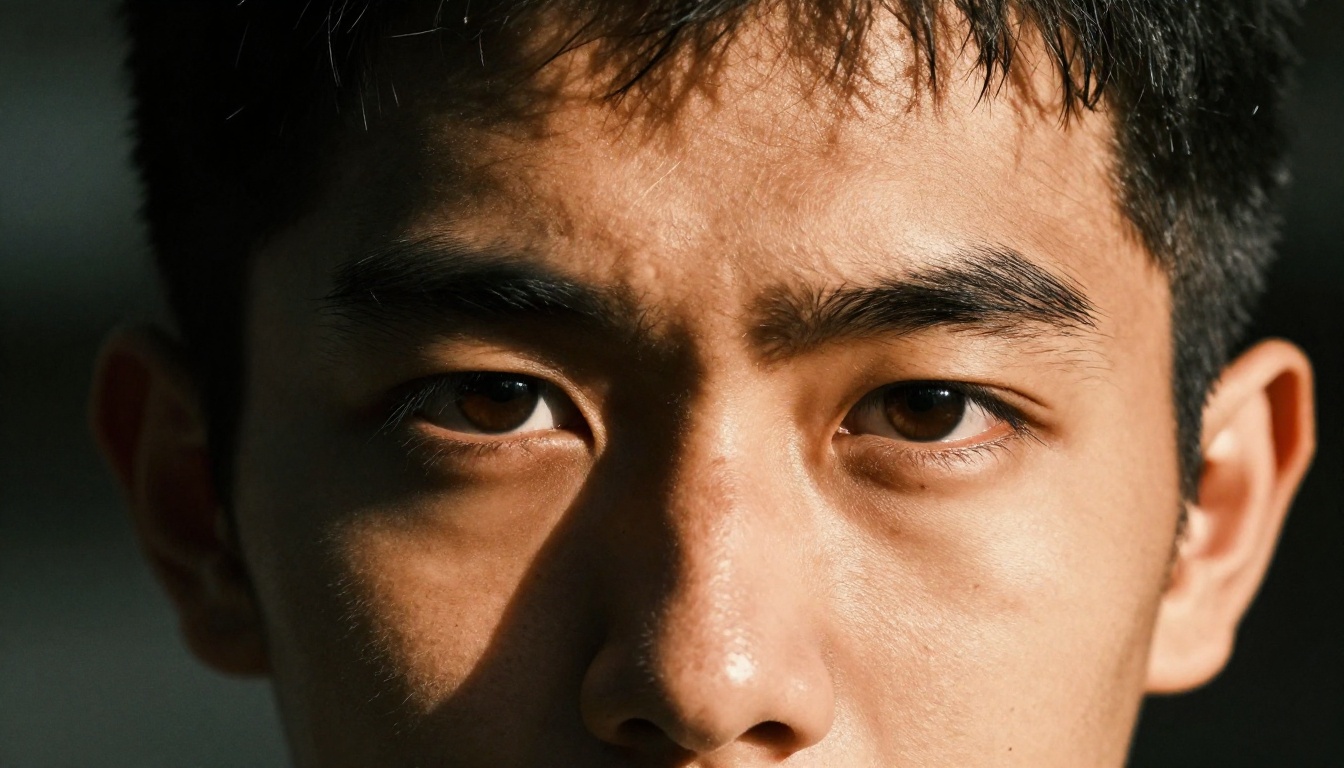 Extreme close-up portrait of young man with dark olive skin, sharp features, and direct intense gaze, dramatic single-source side lighting Extreme close-up portrait of young man with dark olive skin, sharp features, and direct intense gaze, dramatic single-source side lighting