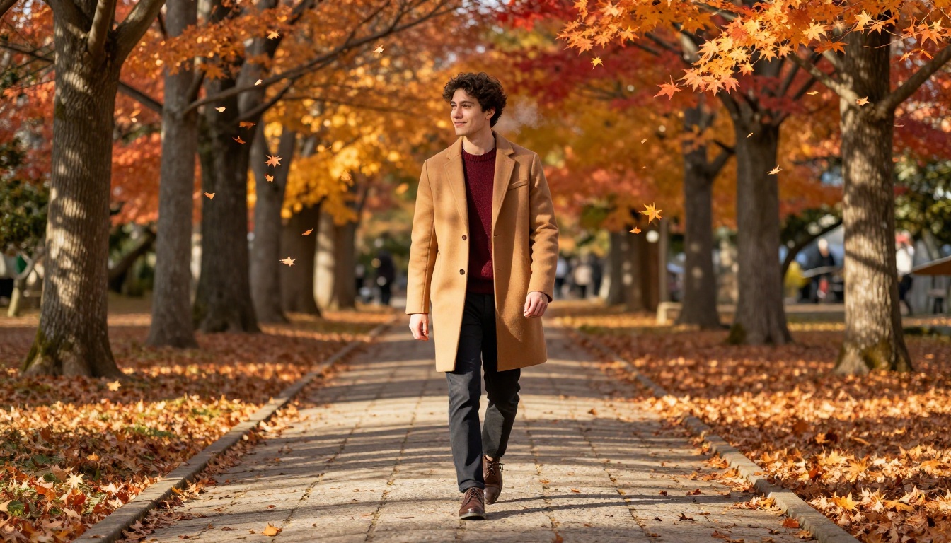 Young man in camel overcoat walking through autumn Japanese park, maple leaves mid-fall around him, warm afternoon light Young man in camel overcoat walking through autumn Japanese park, maple leaves mid-fall around him, warm afternoon light