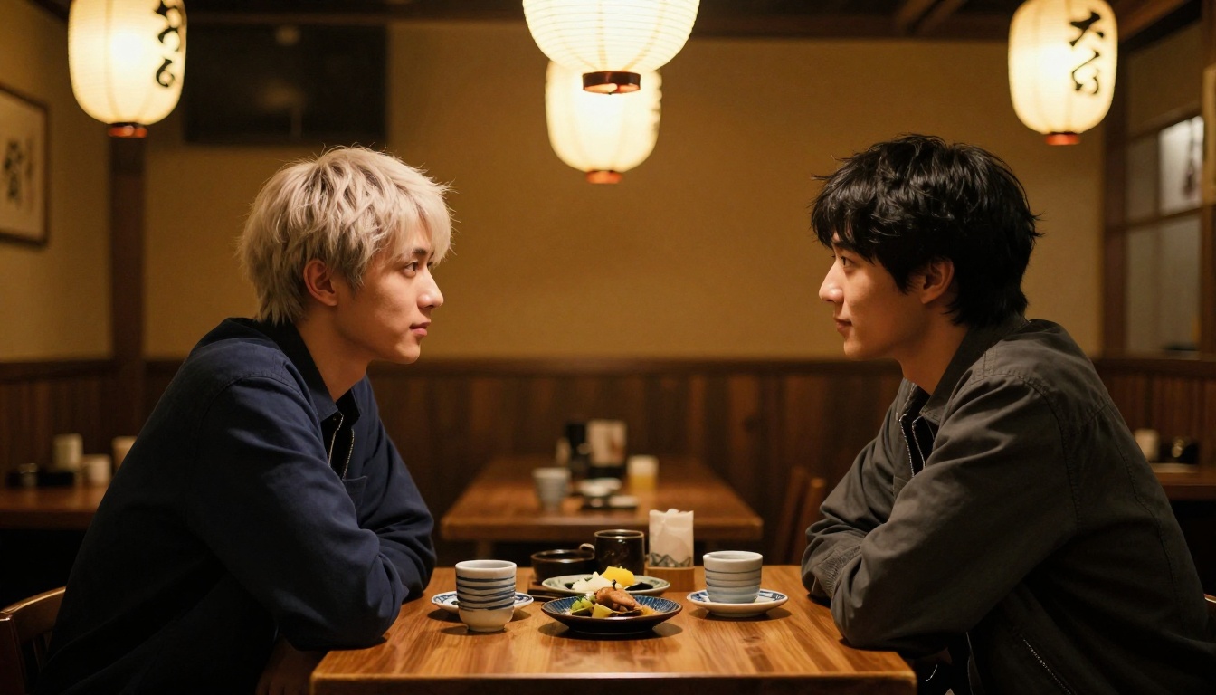 Two young men of contrasting styles in warm conversation at a Japanese izakaya, amber lantern light overhead Two young men of contrasting styles in warm conversation at a Japanese izakaya, amber lantern light overhead