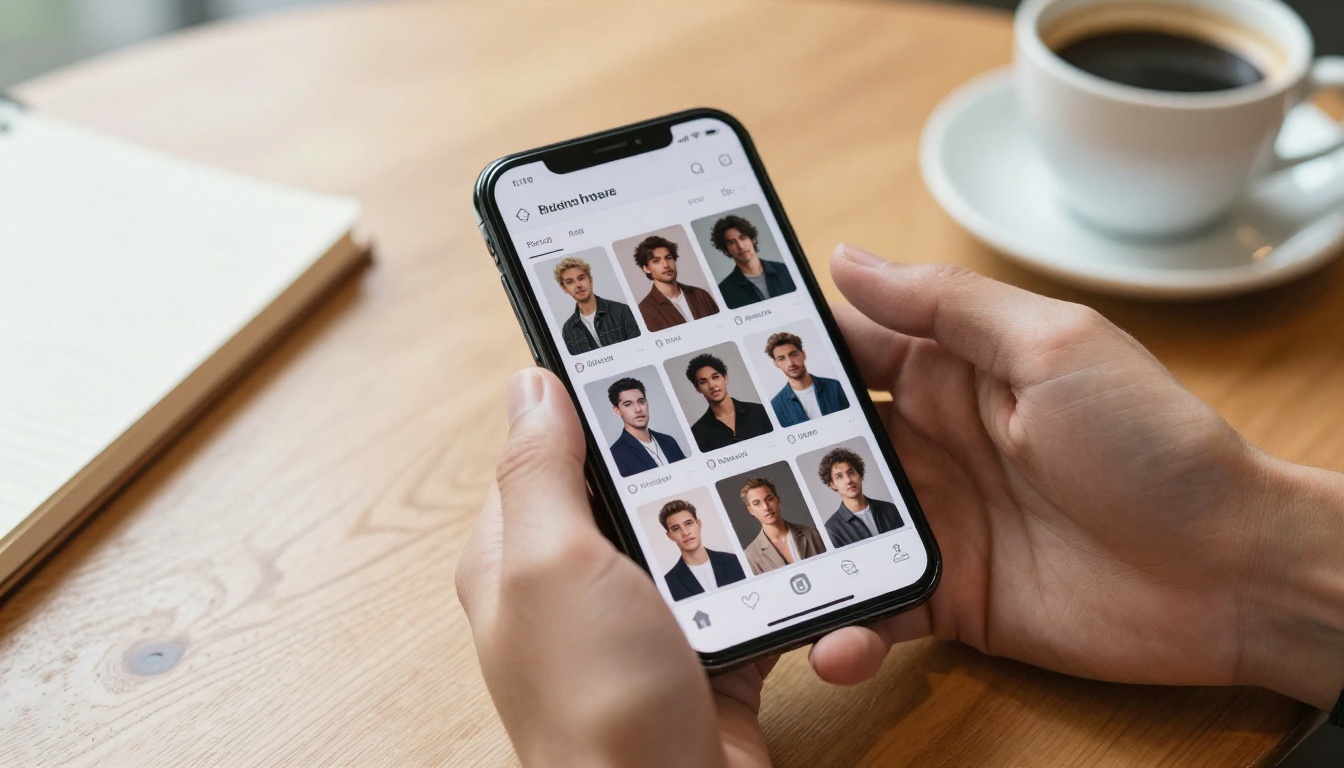 Hands holding smartphone over cafe table showing grid of diverse AI-generated male character portraits on an art platform app Hands holding smartphone over cafe table showing grid of diverse AI-generated male character portraits on an art platform app