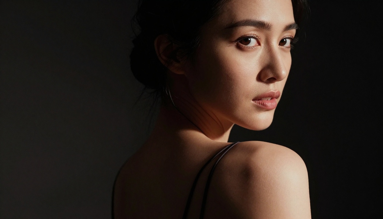 Woman with dramatic chiaroscuro portrait lighting showing fine detail that benefits from Crystal Upscaler processing Woman with dramatic chiaroscuro portrait lighting showing fine detail that benefits from Crystal Upscaler processing