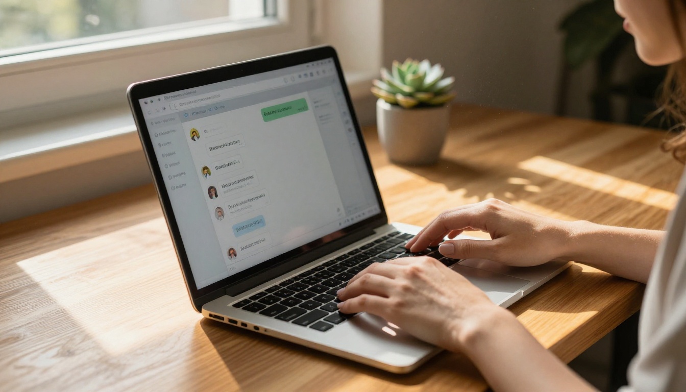 Woman's hands on a laptop keyboard in a warmly lit home office, reading a chat interface Woman's hands on a laptop keyboard in a warmly lit home office, reading a chat interface