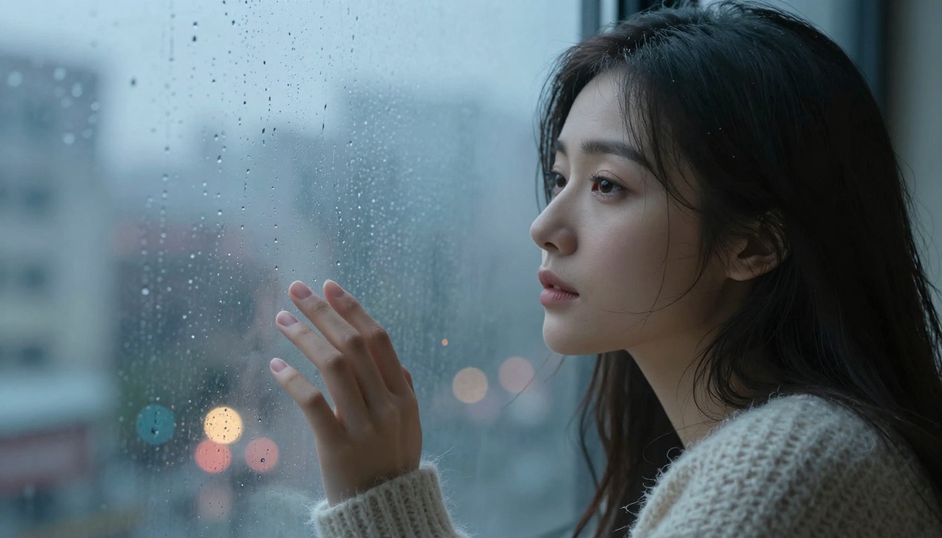 Beautiful woman sitting by a rain-streaked window, gazing wistfully at a blurred city skyline at dusk Beautiful woman sitting by a rain-streaked window, gazing wistfully at a blurred city skyline at dusk