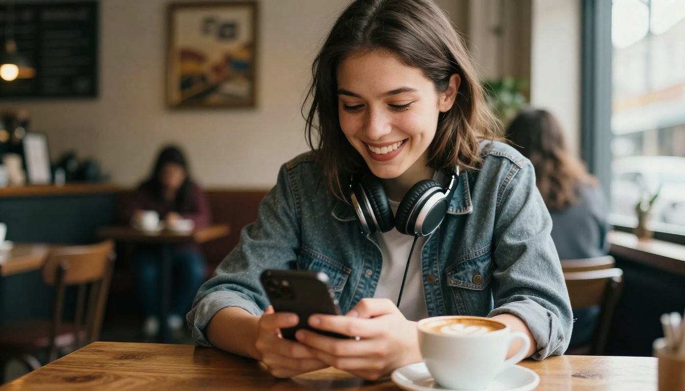 Young woman laughing at her phone at a coffee shop with warm afternoon light Young woman laughing at her phone at a coffee shop with warm afternoon light