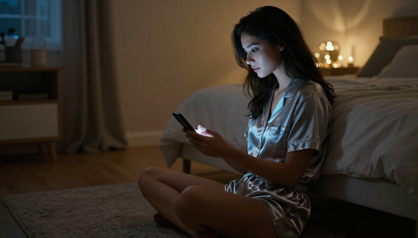 Side profile of a woman in a dimly lit bedroom, smartphone screen illuminating her face in the dark Side profile of a woman in a dimly lit bedroom, smartphone screen illuminating her face in the dark
