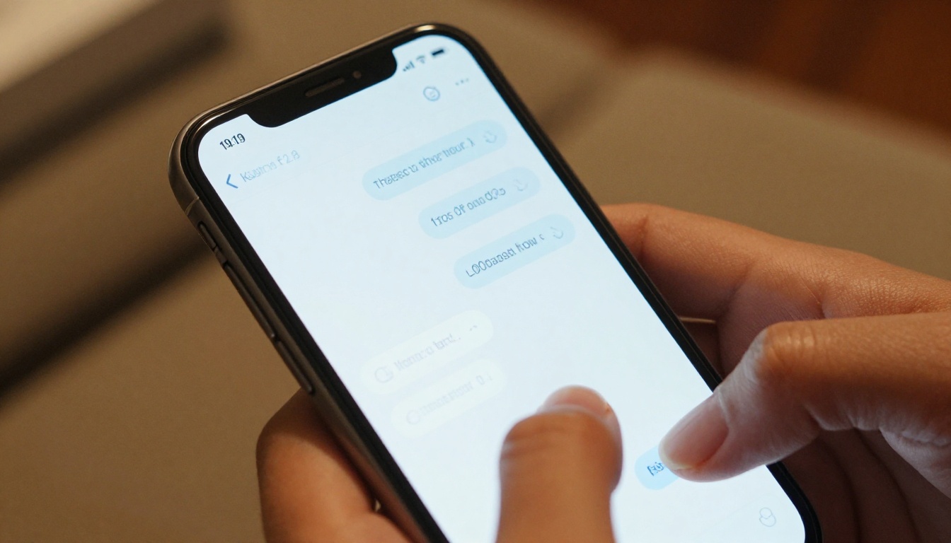 Close-up of feminine hands holding a smartphone showing a chat interface with text bubbles Close-up of feminine hands holding a smartphone showing a chat interface with text bubbles