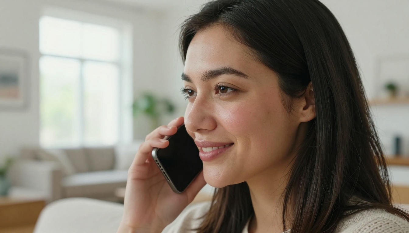 Close-up portrait of a woman smiling softly at a phone, natural daylight in a bright modern living room Close-up portrait of a woman smiling softly at a phone, natural daylight in a bright modern living room