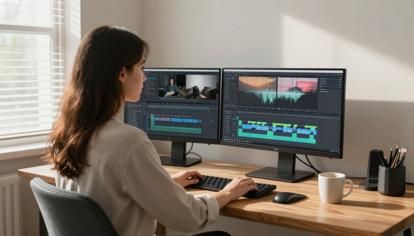 Woman at desk with dual monitors showing waveform editing interface