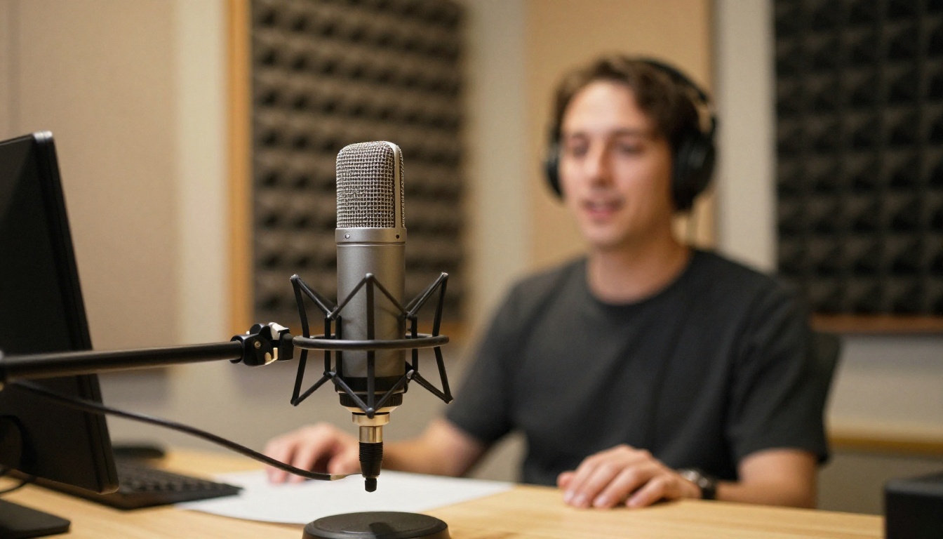 Professional microphone in studio with person in background