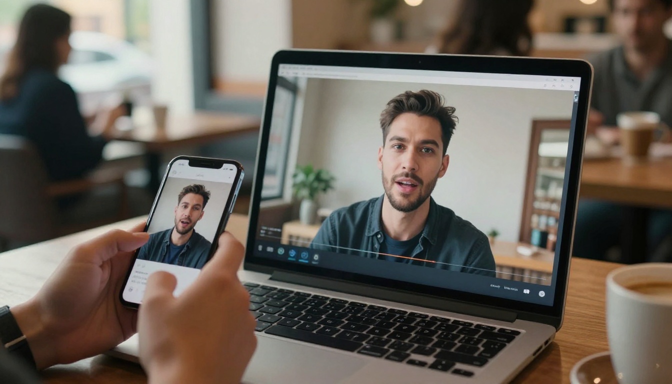 Laptop and smartphone showing AI avatar interface in a coffee shop