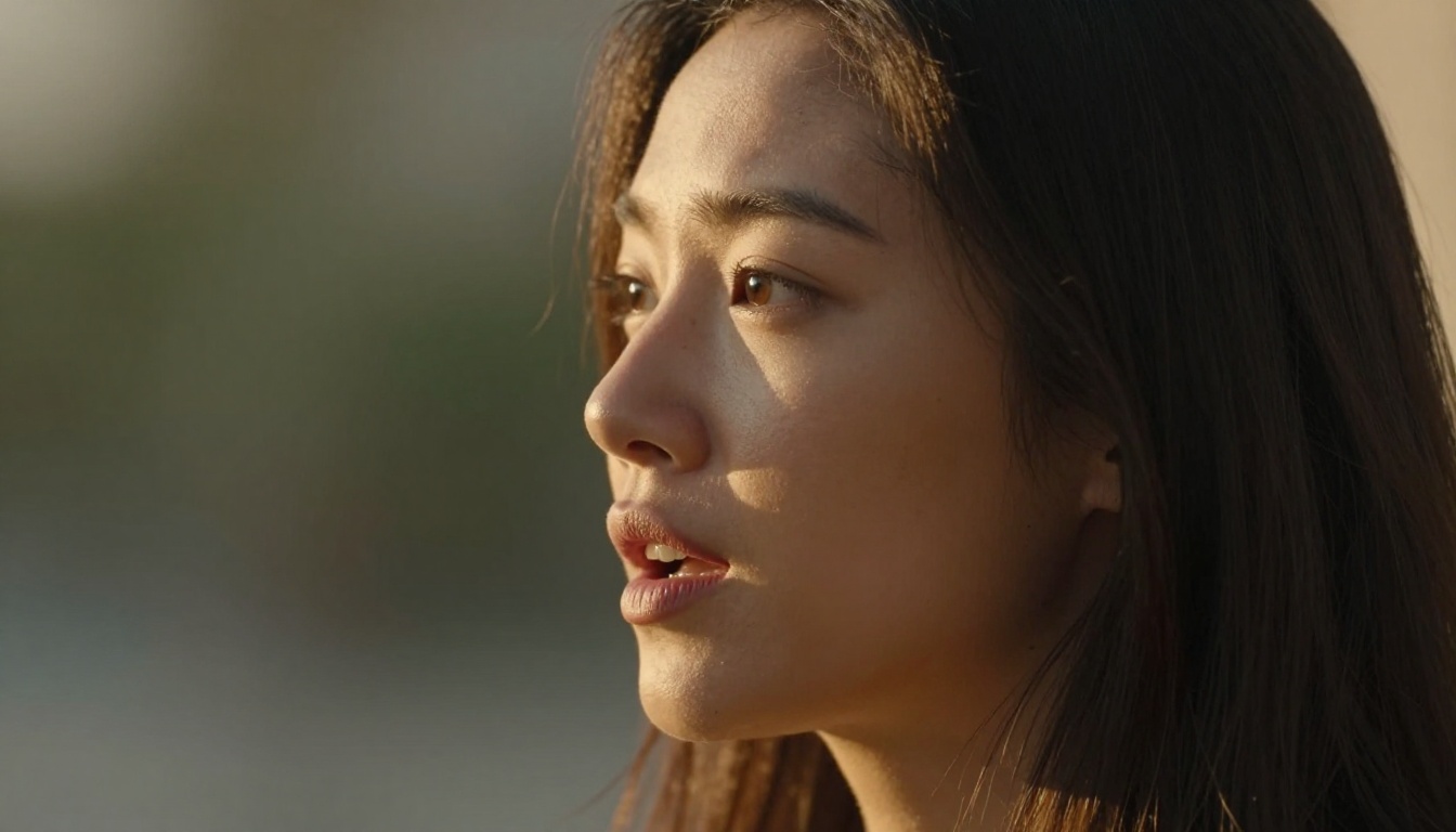 Realistic AI companion character, side profile in golden hour light