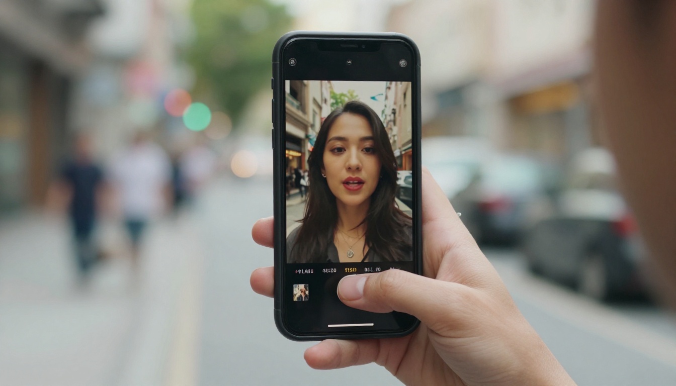 Hand holding smartphone with talking avatar playing outdoors