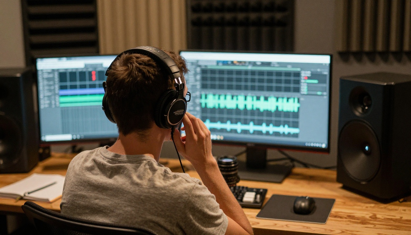 Person wearing headphones reviewing audio waveform at home studio