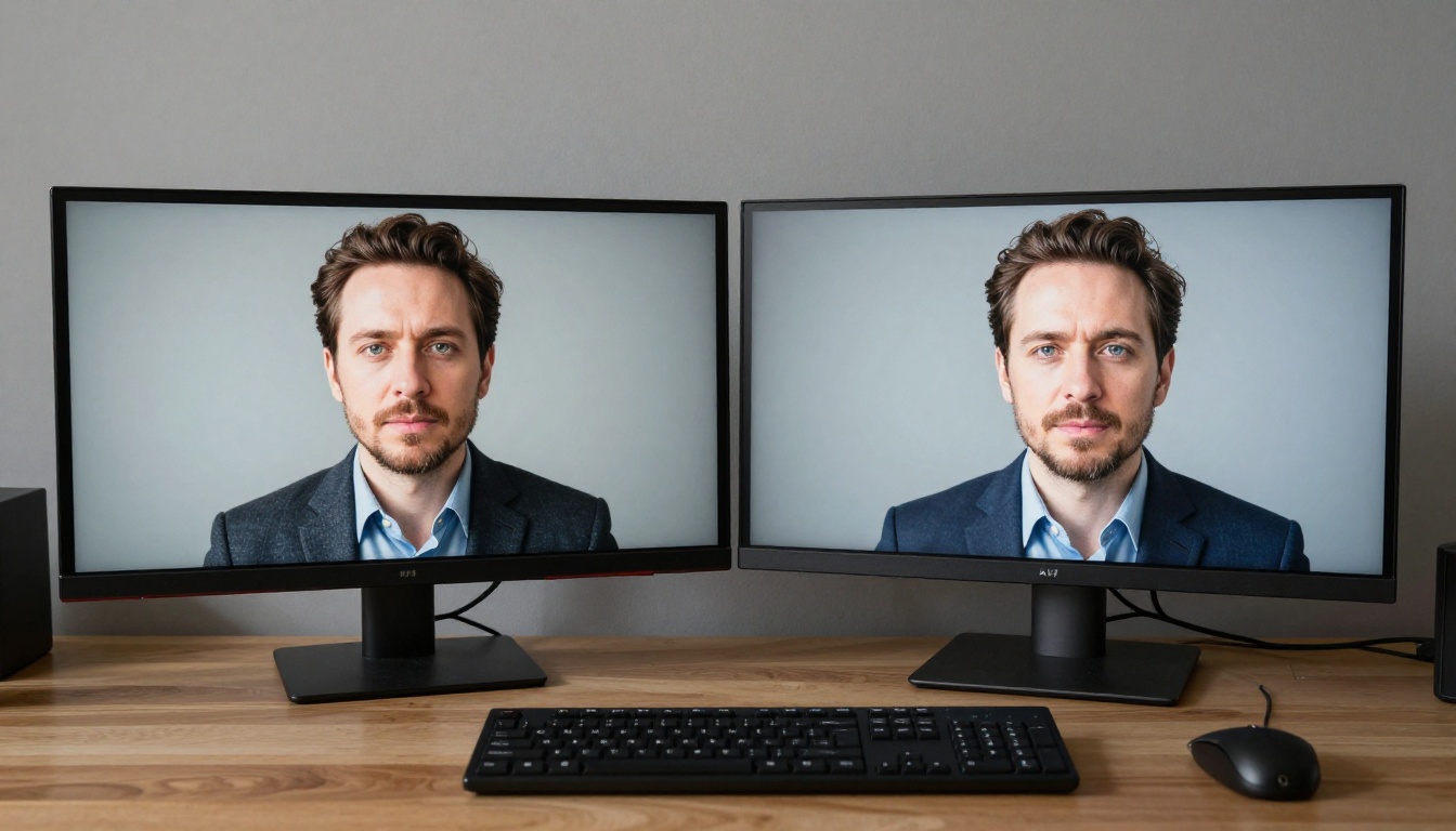 Two monitors comparing AI talking head video quality side by side