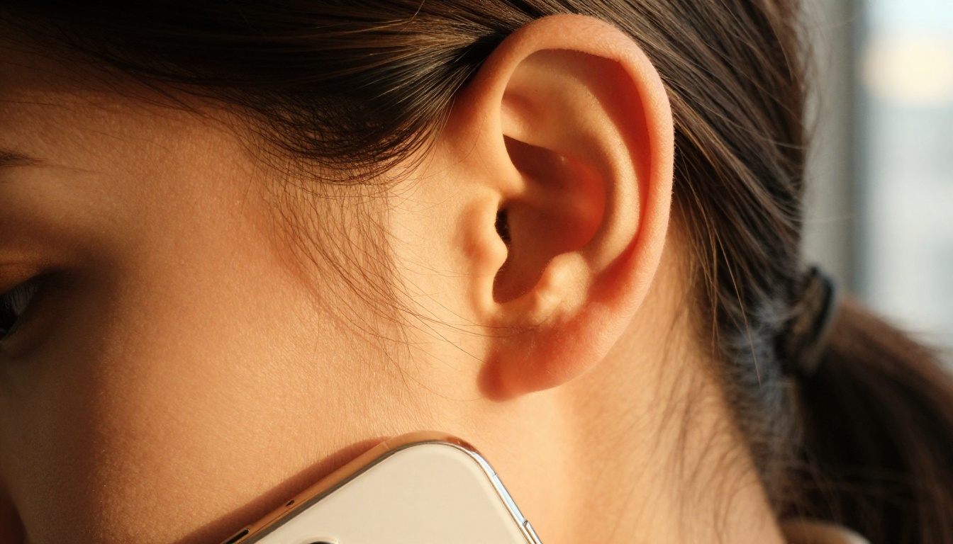 Extreme close-up of a woman's ear pressed against a white smartphone in warm amber light