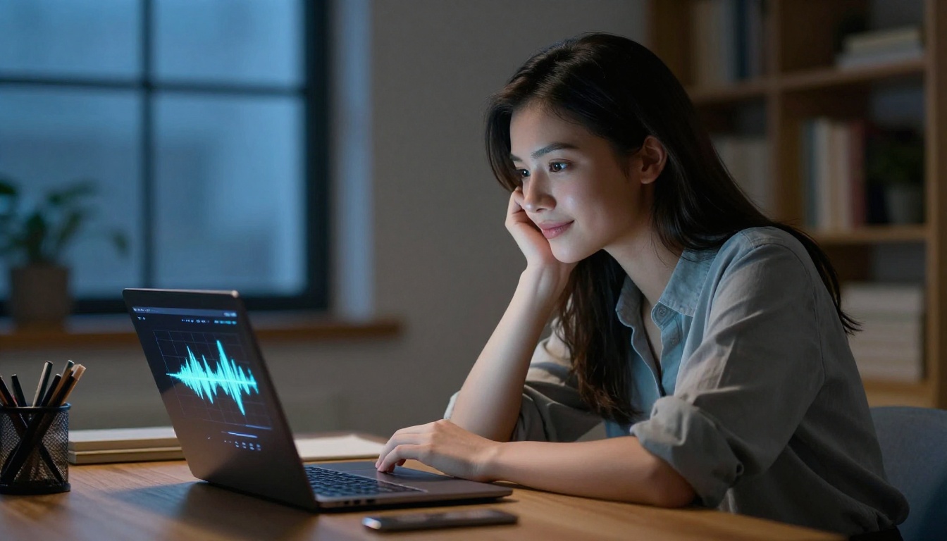 Woman at a laptop with a voice waveform interface glowing on the screen in warm desk lamp light