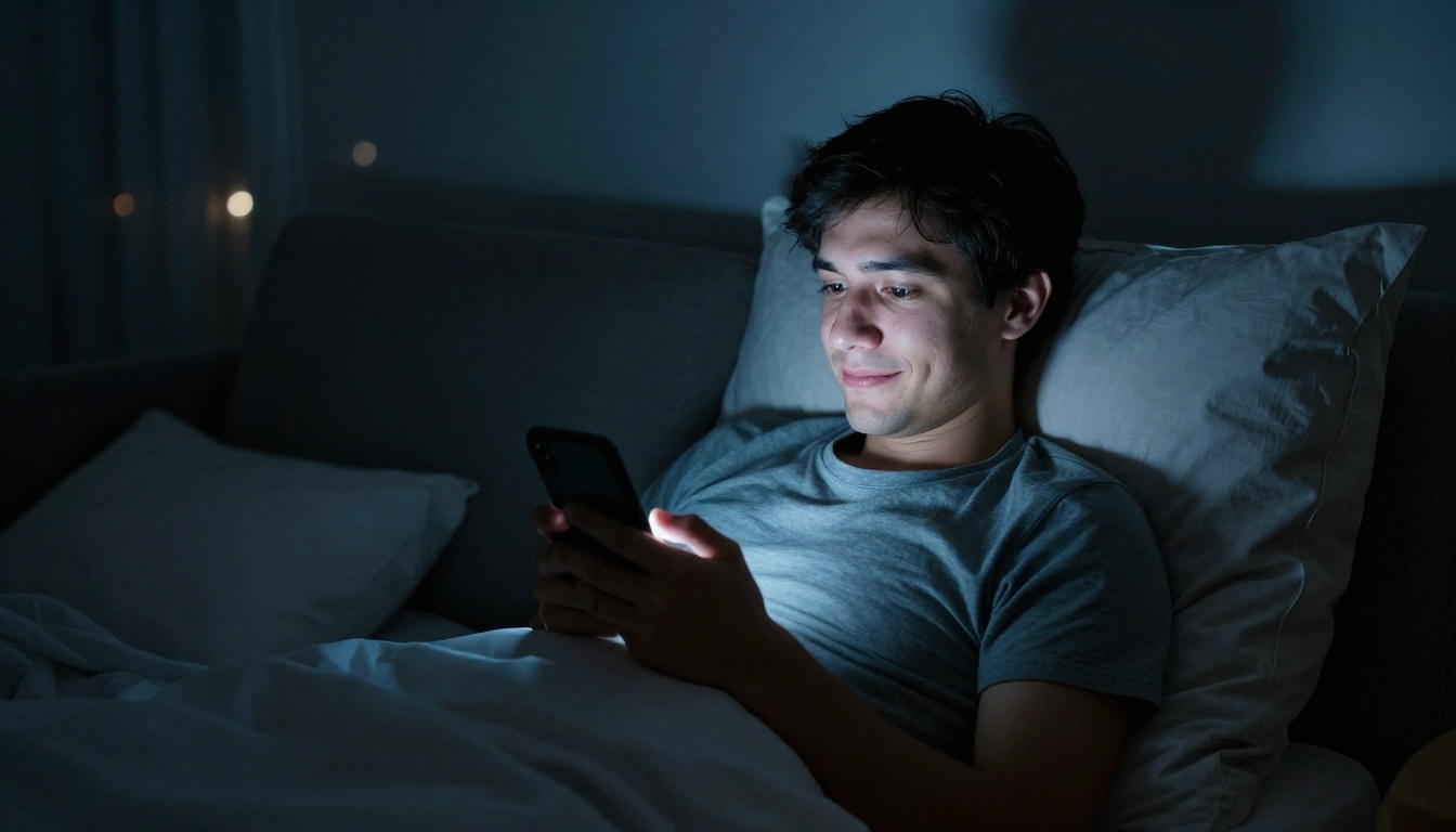 Man lying on a couch late at night, phone screen light illuminating his face in a dark room