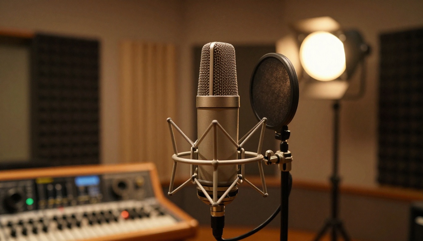 Professional studio microphone in warm tungsten light with acoustic panels in background