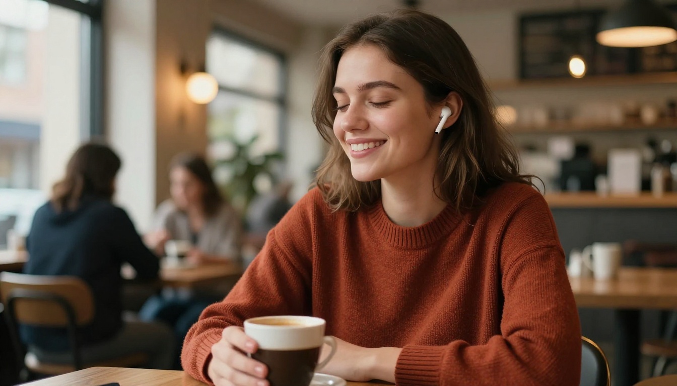 Young woman with wireless earbuds smiling privately in a coffee shop, warm window light