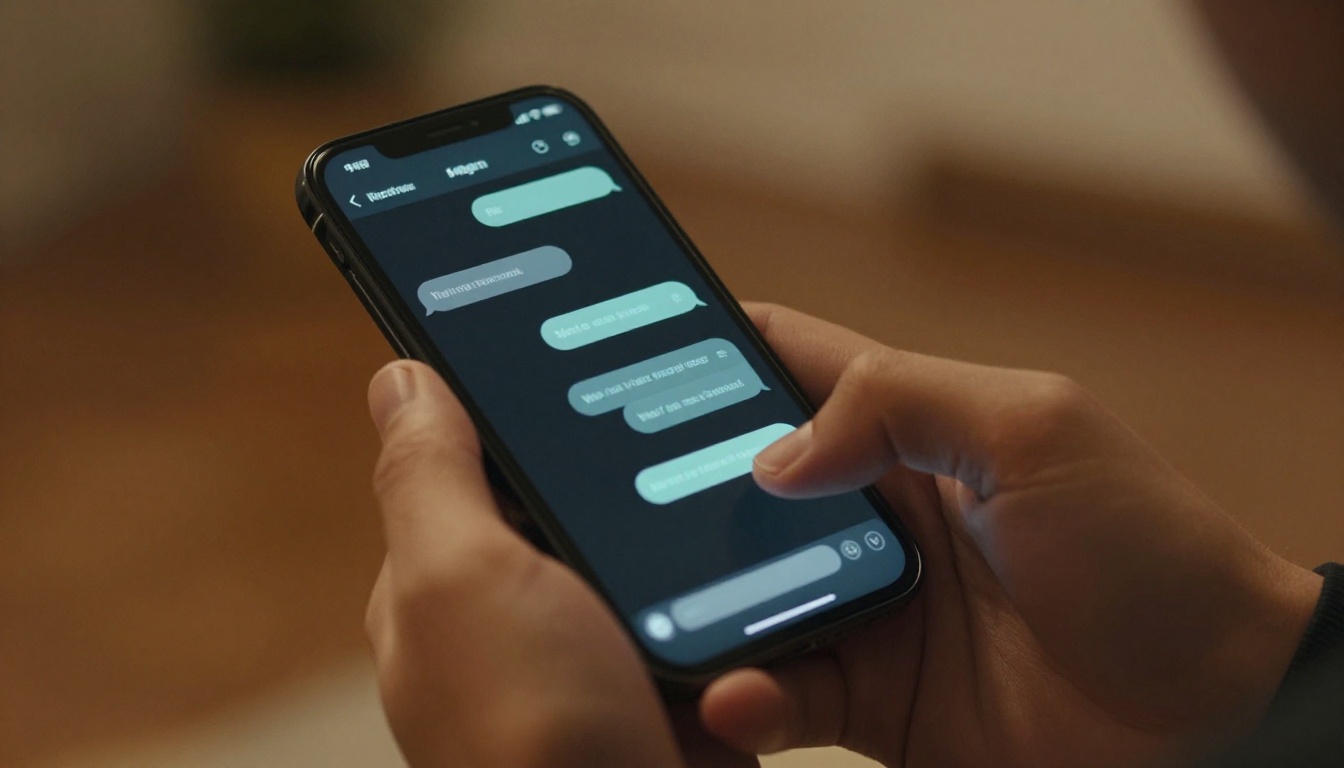 Hands holding a smartphone showing a dark-mode chat interface in warm ambient room light