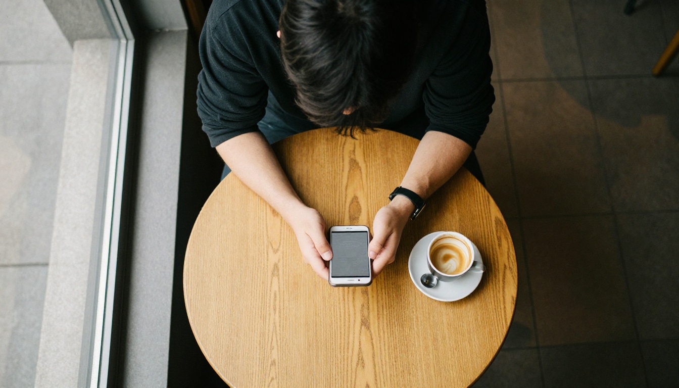 Person sitting alone at a cafe table, phone in front of them, aerial view, contemplative