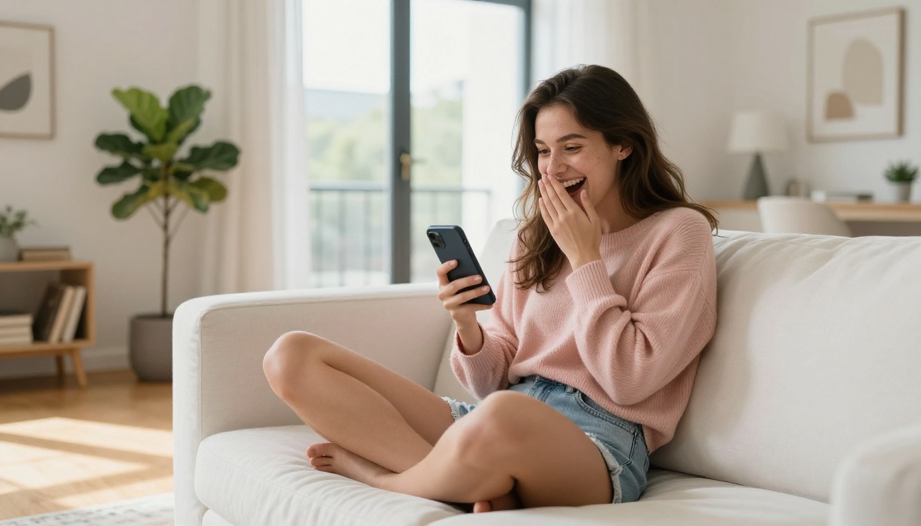 Woman laughing while chatting on phone in bright modern apartment Woman laughing while chatting on phone in bright modern apartment