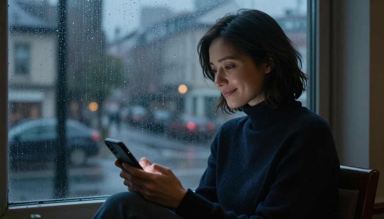 Woman sitting by a rain-streaked window at dusk, phone in lap, gazing out with a distant expression