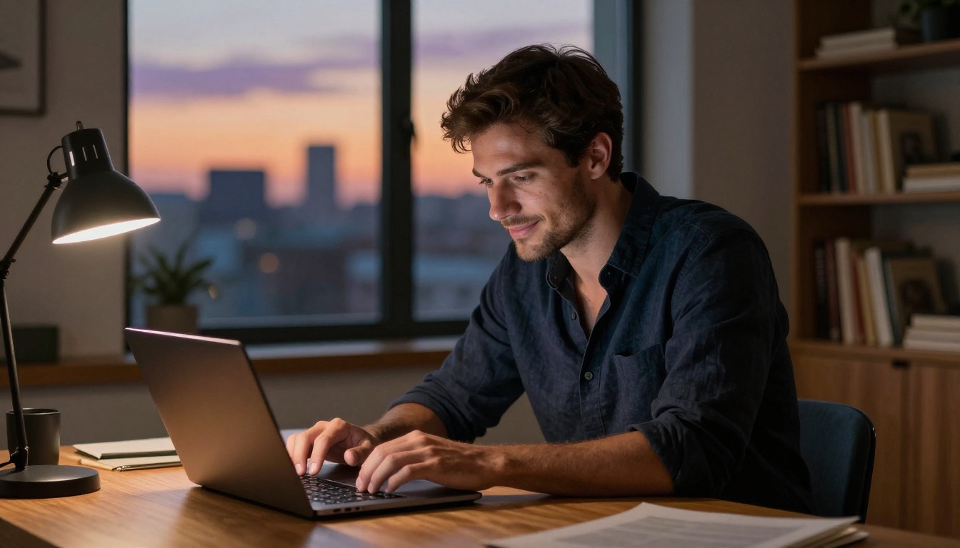 Attractive man at desk with warm evening light and city skyline behind him Attractive man at desk with warm evening light and city skyline behind him