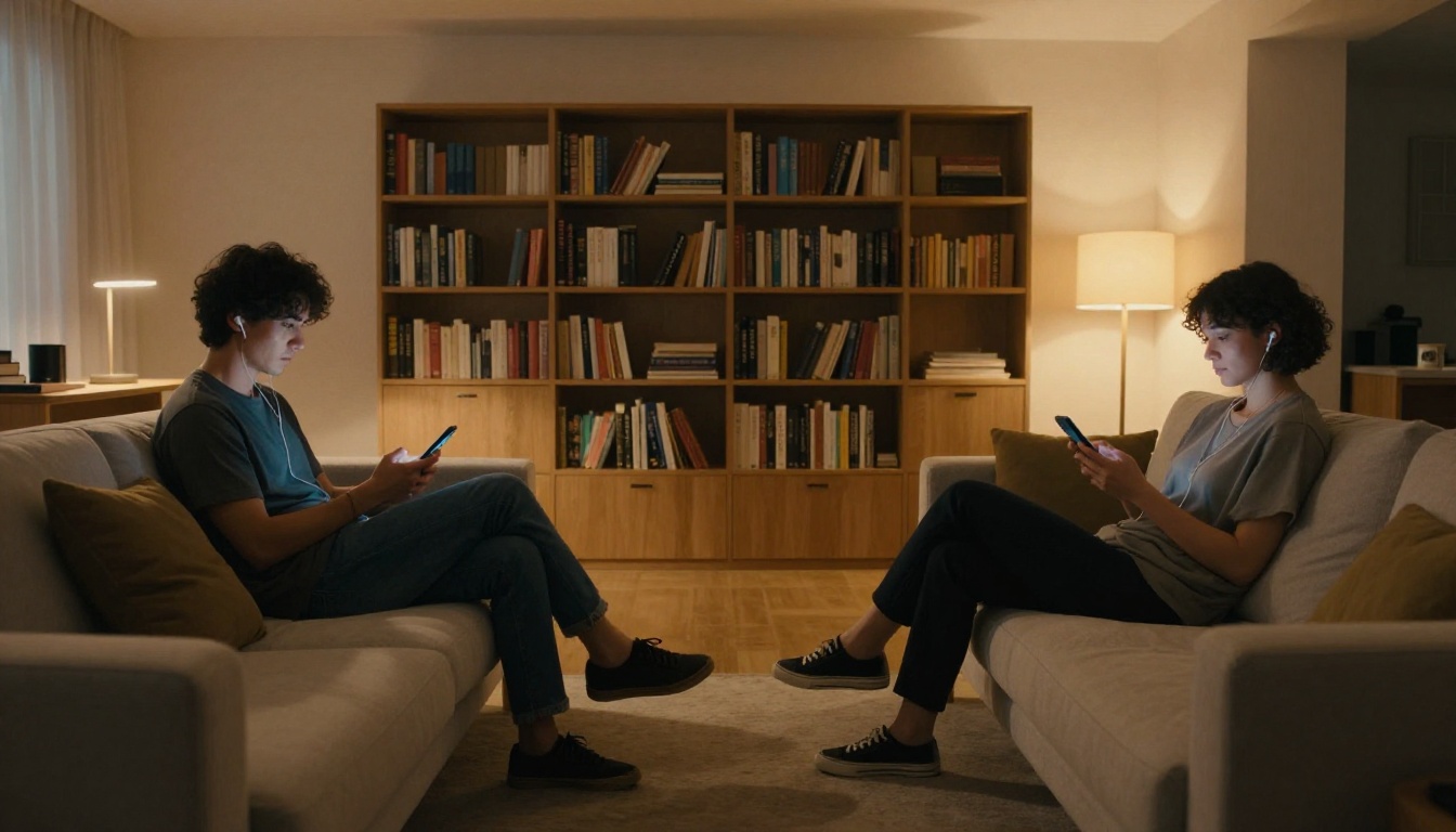 Two people on opposite ends of a sofa, each talking to their own AI on their phones, not to each other
