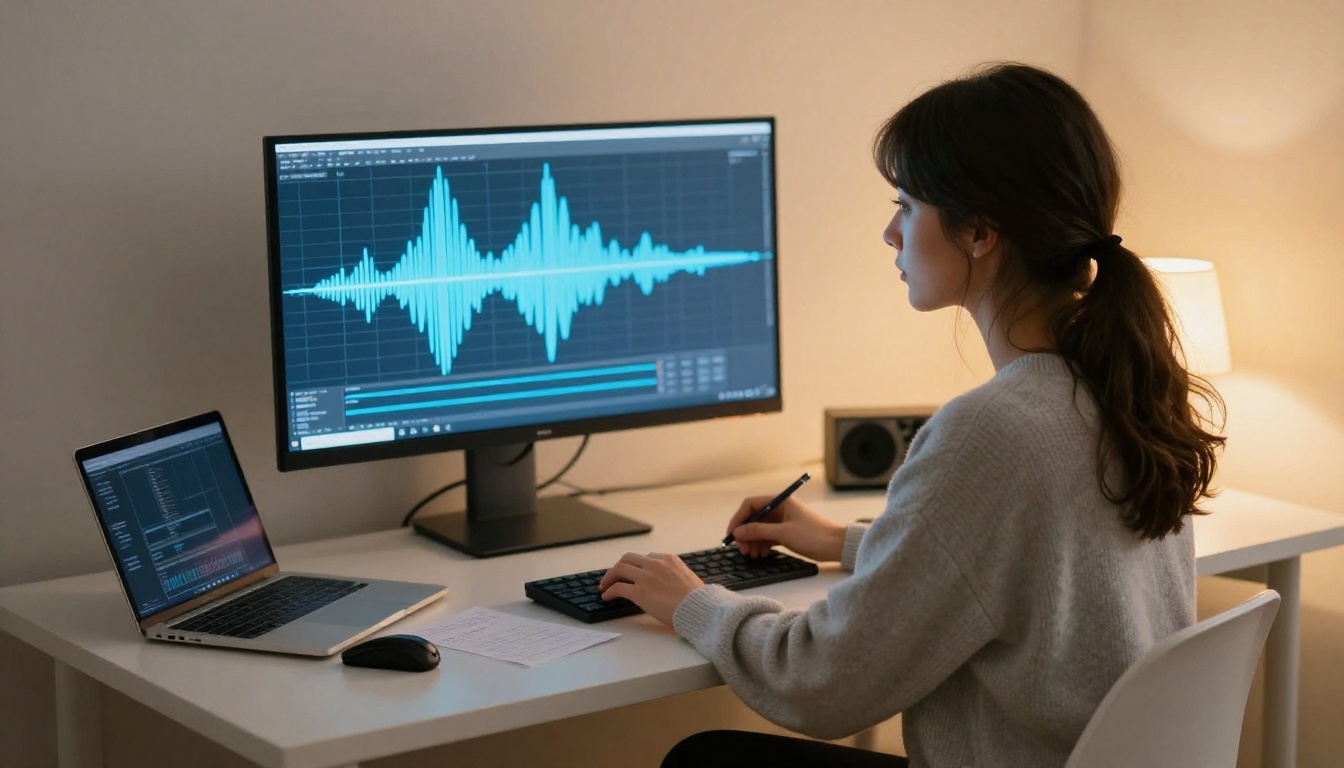 Young woman with soft features sits at a minimalist desk studying audio waveforms on a large monitor, warm amber desk lamp from the right, grey oversized sweater, Kodak Portra 400
