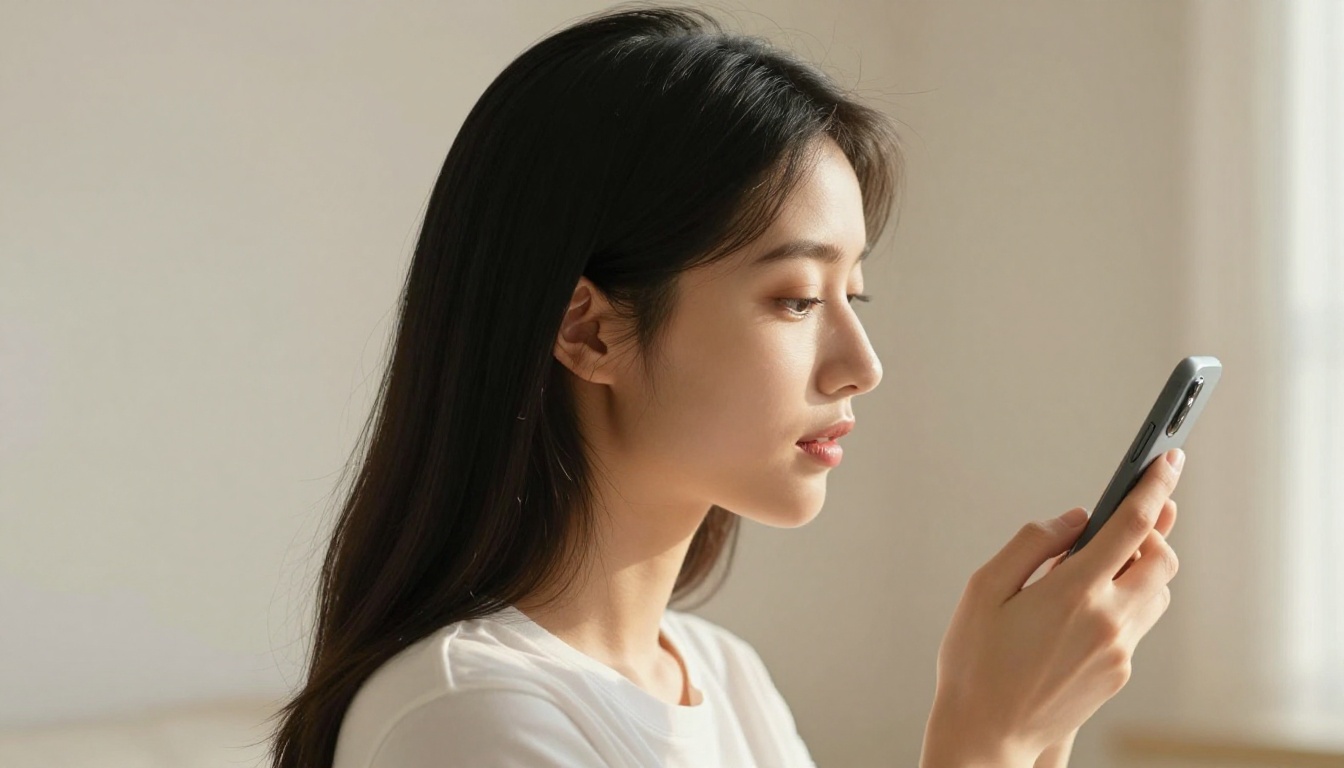 Beautiful young woman seen in side profile holding a phone near her lips, natural window light from the right, Sony A7R IV 85mm, Kodak Portra film grain