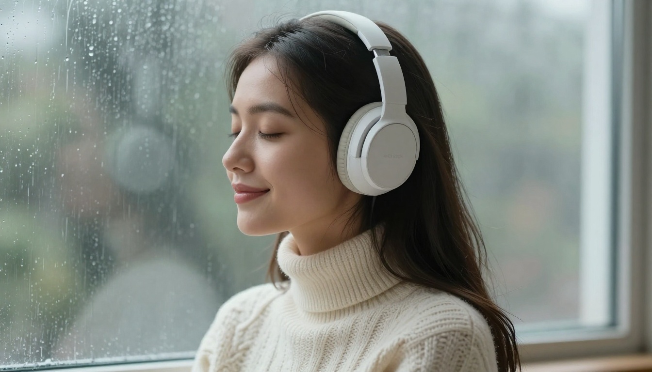 Side profile of woman with premium headphones, peaceful expression, soft light from rainy window Side profile of woman with premium headphones, peaceful expression, soft light from rainy window