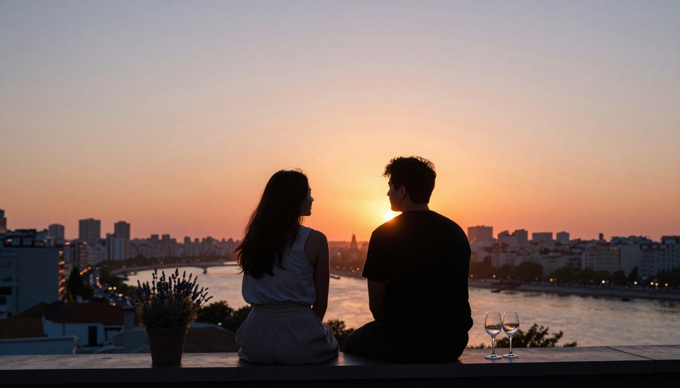 Two silhouettes sitting close together on a rooftop terrace at golden hour sunset Two silhouettes sitting close together on a rooftop terrace at golden hour sunset