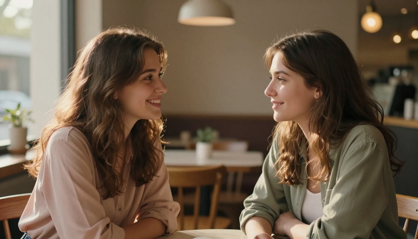 Two beautiful women sitting face-to-face across a cafe table in animated conversation, warm golden window light from the left, Leica Q2 28mm, Kodak Portra 400