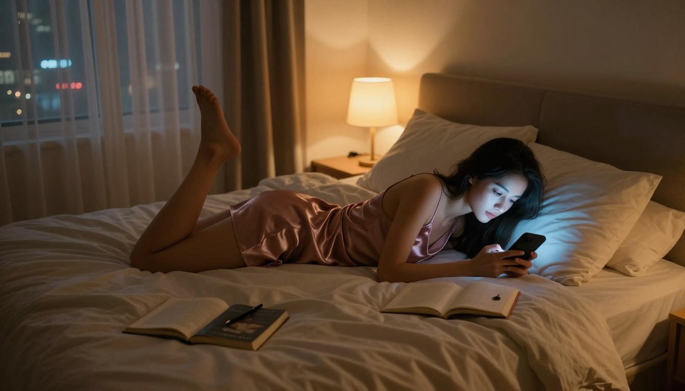 Woman on bed at night typing on phone, warm amber lamp glow and city lights outside window Woman on bed at night typing on phone, warm amber lamp glow and city lights outside window