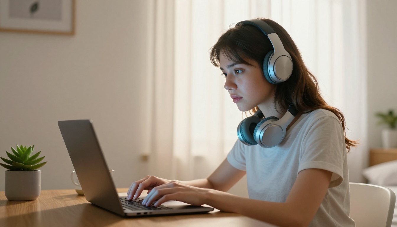 Beautiful young woman at a laptop wearing over-ear headphones around her neck, warm morning sunlight through sheer curtain, 24mm wide lens, photorealistic 8K RAW