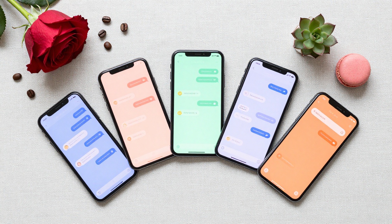 Flat lay of five smartphones showing different chat app interfaces with colorful conversation screens Flat lay of five smartphones showing different chat app interfaces with colorful conversation screens
