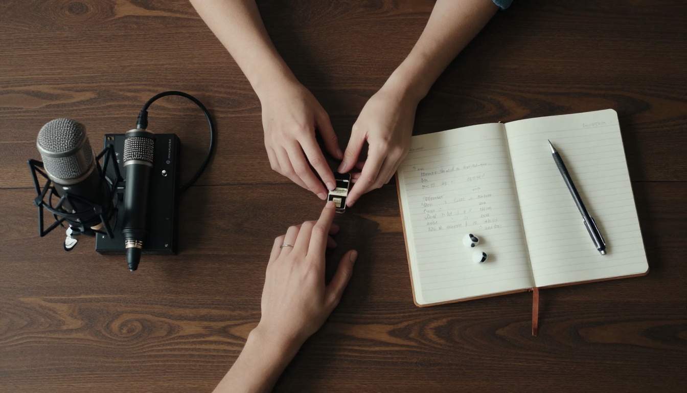 Overhead flat-lay of hands on a USB audio interface, small microphone, open notebook, and earbuds on a dark walnut desk, soft neutral overhead light, Kodak Portra 400